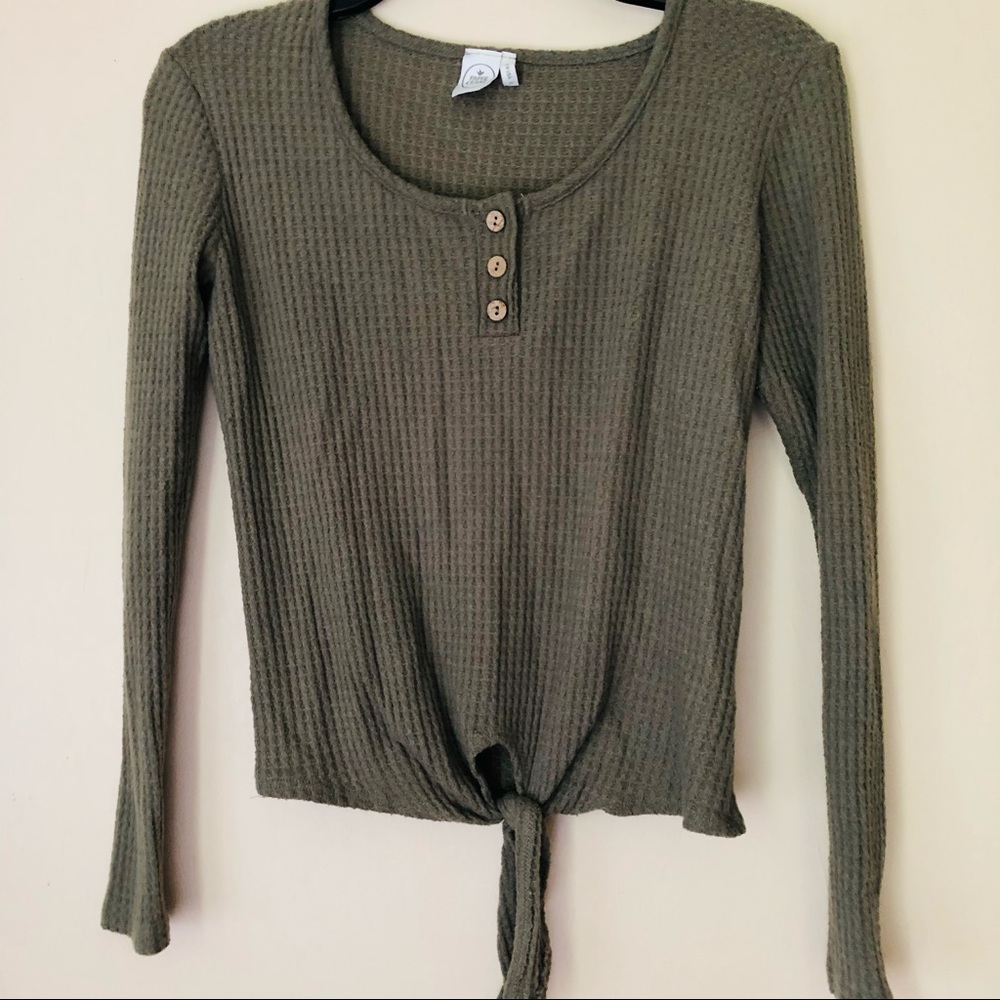 Paper Crane Olive Green Long-sleeve Waffle Top